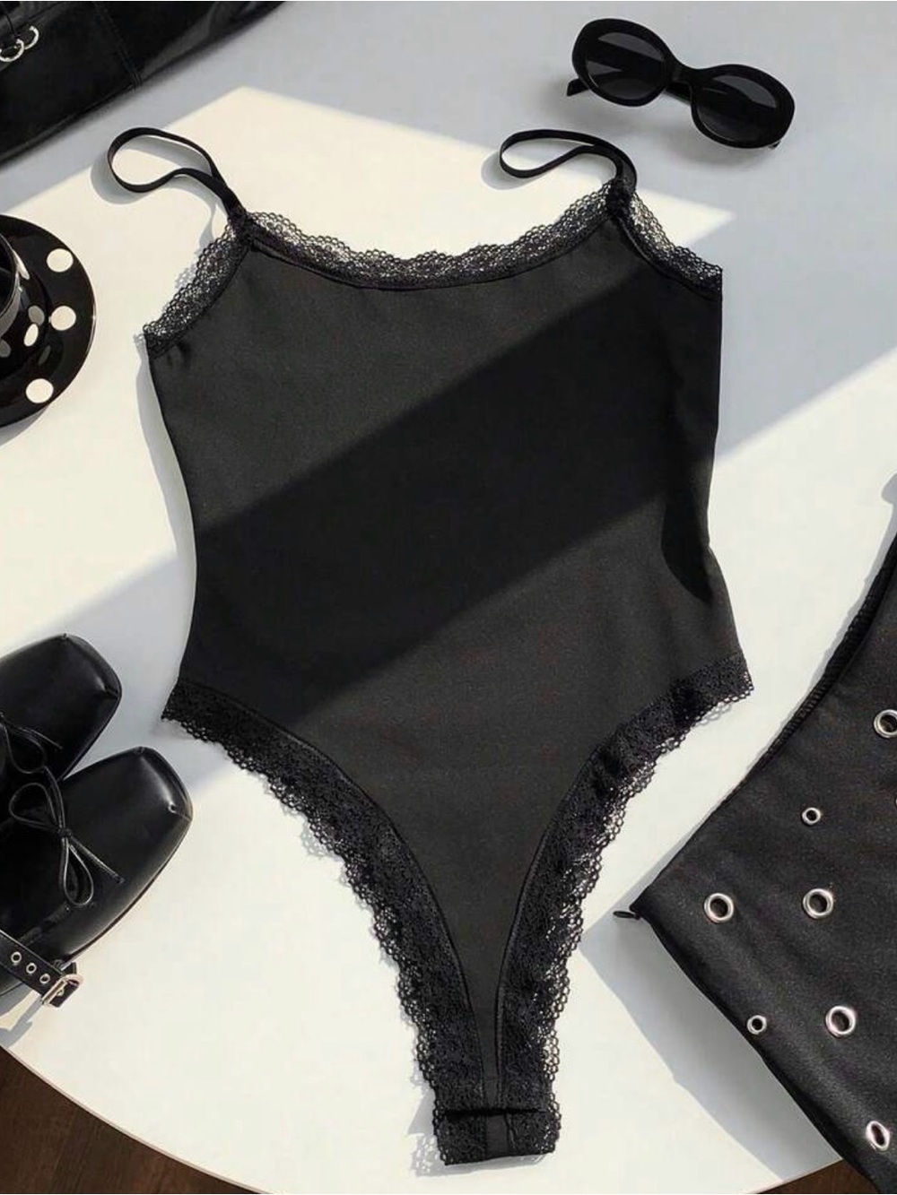 Black Lace-Trim Cami Bodysuit